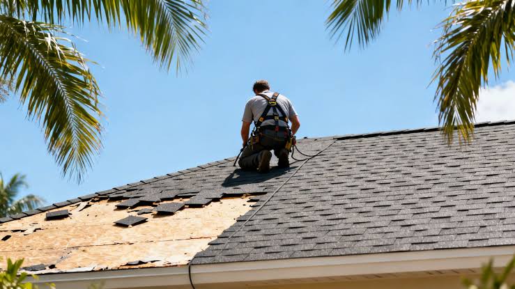 Harnessed roofer tearing off damaged shingles down to bare plywood decking on a palm-lined home