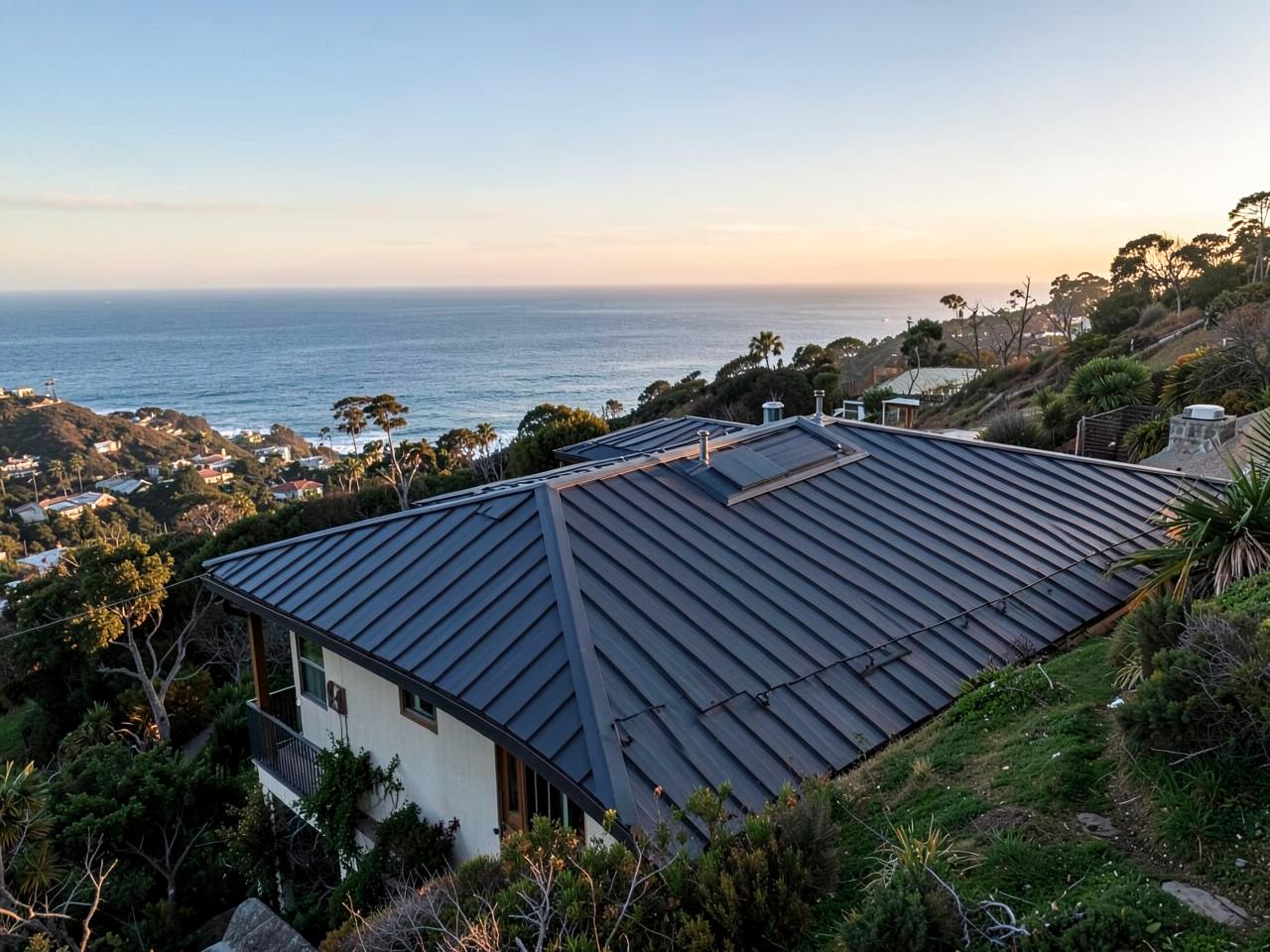 Standing-seam metal roof on a Del Mar, CA home overlooking the Pacific