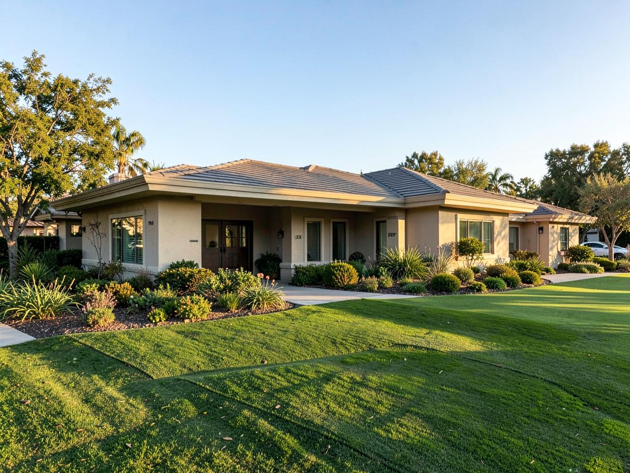Low-slope tile roof on a Rancho Bernardo, CA home with manicured landscaping