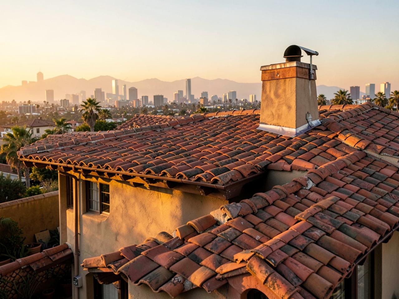Clay barrel tile roof on a San Diego, CA home at golden hour